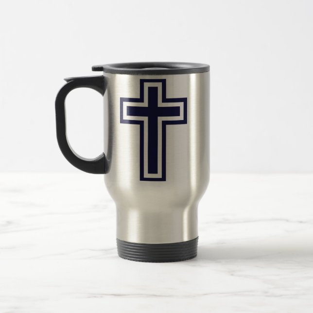 Blue Christian Cross Minimalist Faith Art Travel Mug (Left)