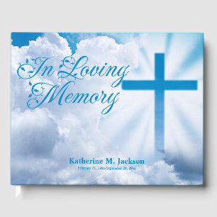 Blue Christian Cross White Clouds In Loving Memory Guest Book