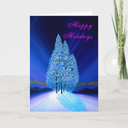 Blue Christmas #7 Northern Lights Fir Trees Holiday Card
