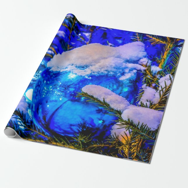 Blue Christmas Ball, Snow Wrapping Paper (Unrolled)