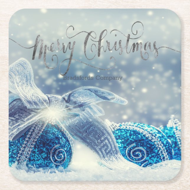 Blue Christmas Balls Bokeh  Square Paper Coaster (Front)