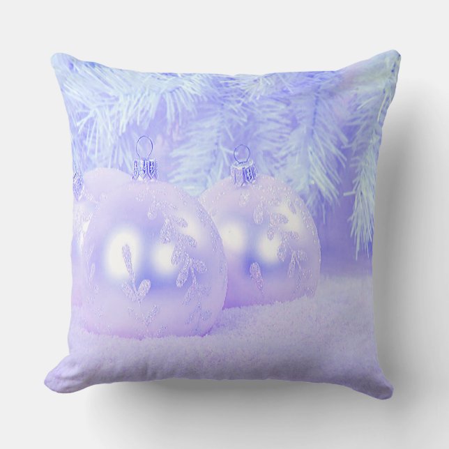 Blue Christmas Balls on Snow & Blue Background Cushion (Front)