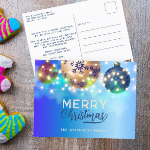 Blue Christmas Baubles Twinkling String Lights Holiday Postcard