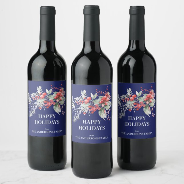 Blue Christmas Berry Garland Wine Label (Bottles)