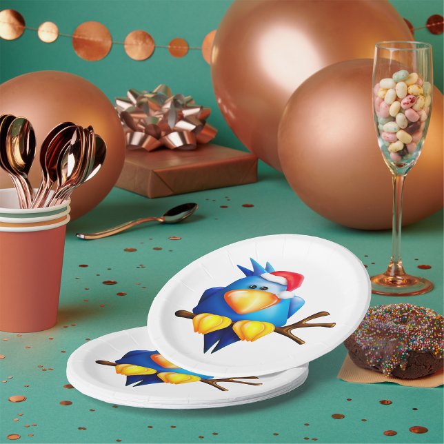Blue Christmas Bird with Santa Hat Paper Plate (Creator Uploaded)