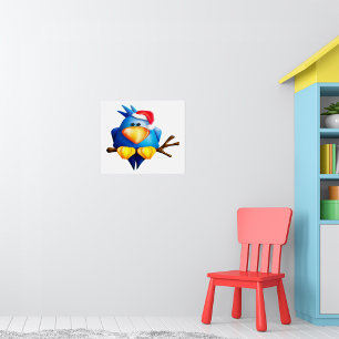 Blue Christmas Bird with Santa Hat Poster