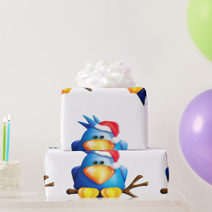 Blue Christmas Bird with Santa Hat Wrapping Paper