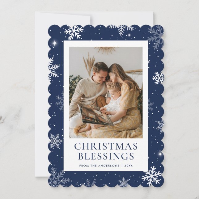 Blue Christmas Blessings Snowflake Photo Holiday Card (Front)