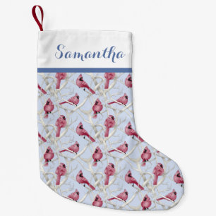 Blue Christmas Cardinal Birds Personalised Name Small Christmas Stocking