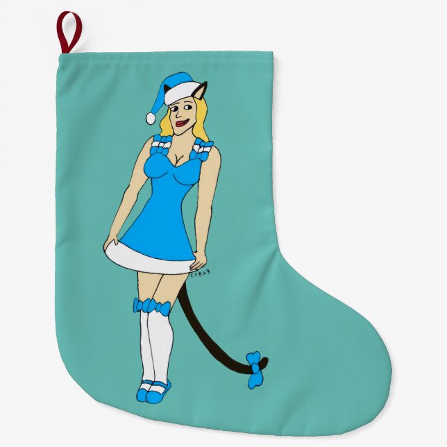 Blue Christmas catgirl Large Christmas Stocking (Front)