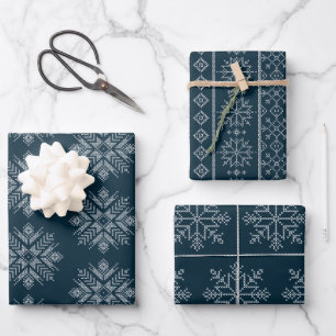 Blue christmas cross stitch winter snowflake wrapping paper sheet