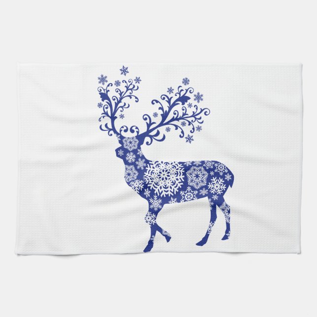 Blue Christmas deer Tea Towel (Horizontal)