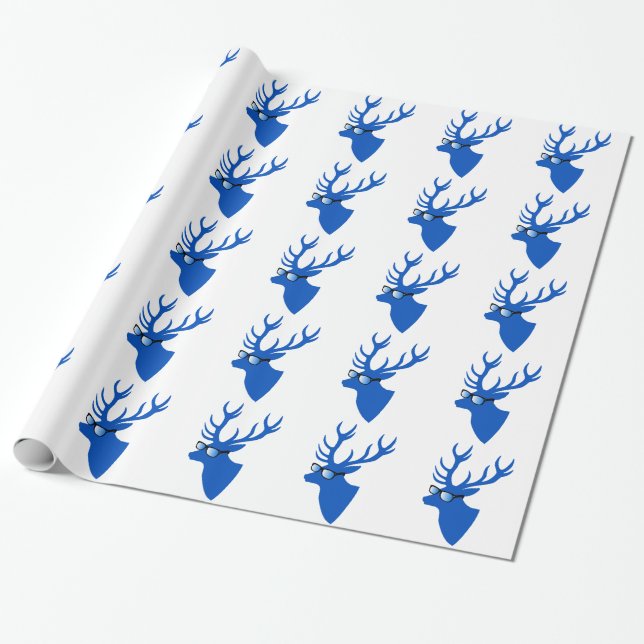 Blue Christmas deer with nerd glasses Wrapping Paper (Unrolled)