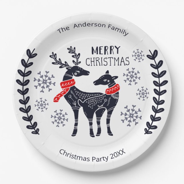 Blue Christmas Deers Personalised Paper Plate (Front)
