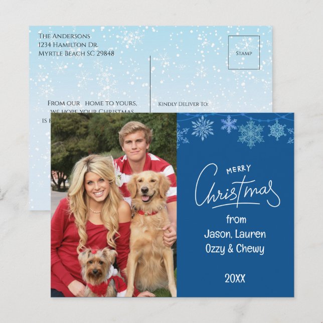 Blue Christmas Family Photo Pets Message Holiday Postcard (Front/Back)