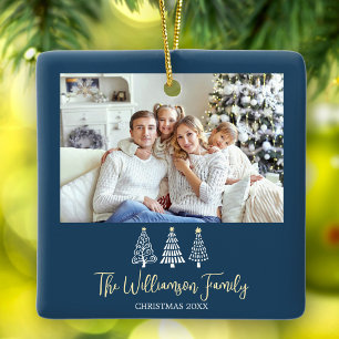 Blue Christmas Family Photo Playful Trees Script Ceramic Ornament