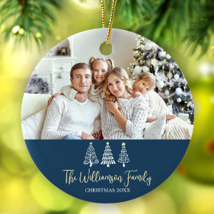 Blue Christmas Family Photo Stylish Trees Script Ceramic Tree Decoration
