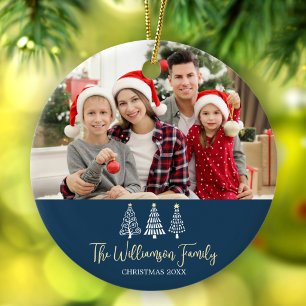 Blue Christmas Family Photo Whimsical Trees Script Ceramic Tree Decoration