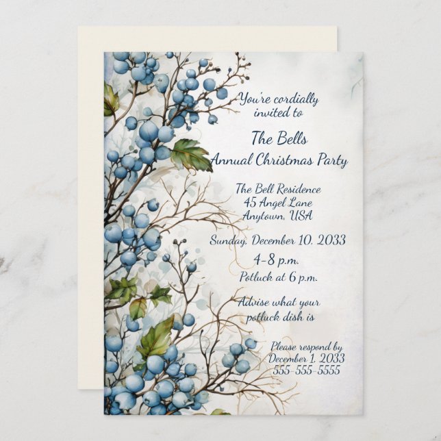 Blue Christmas Flowers Annual Christmas Party   Invitation (Front/Back)