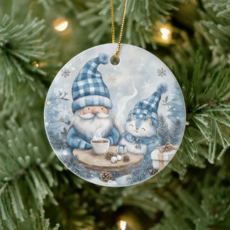 Blue Christmas Gnome Ceramic Tree Decoration