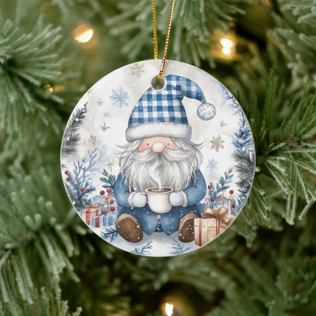 Blue Christmas Gnome  Ceramic Tree Decoration (Tree)