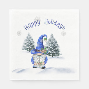 Blue Christmas Gnome with Clock  Napkin