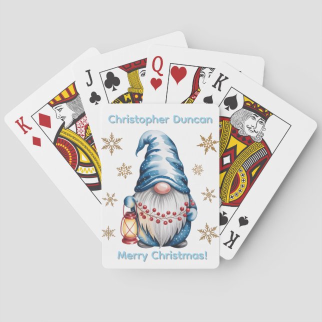 Blue Christmas Gnome with Red Lantern Berries Playing Cards (Back)