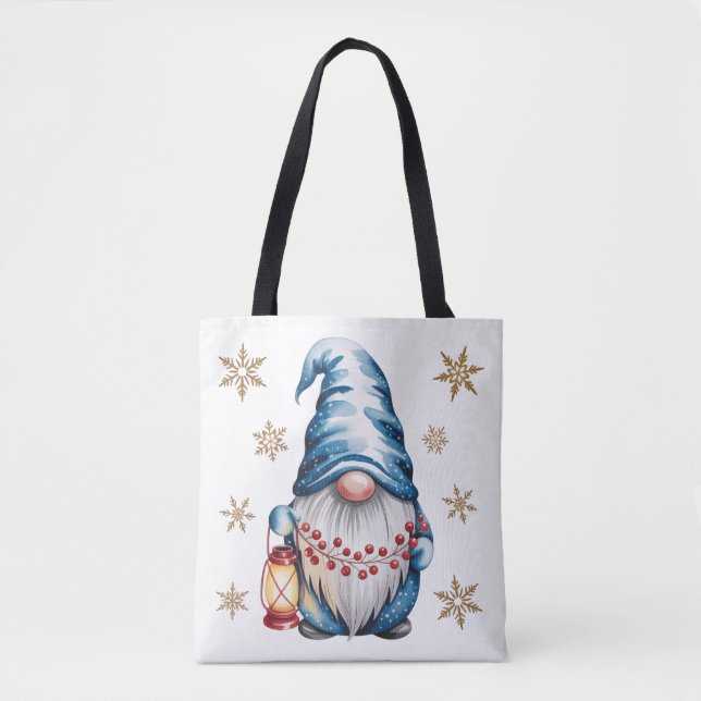 Blue Christmas Gnome with Red Lantern Berries Tote Bag (Front)