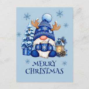 Blue Christmas Gnome with Reindeer Hat Holiday Postcard
