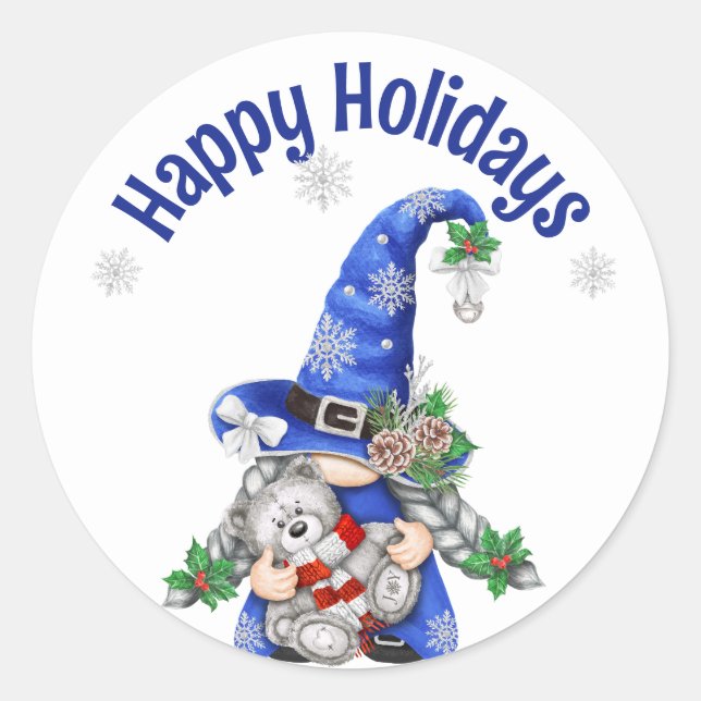Blue Christmas Gnome with Teddy Bear Classic Round Sticker (Front)