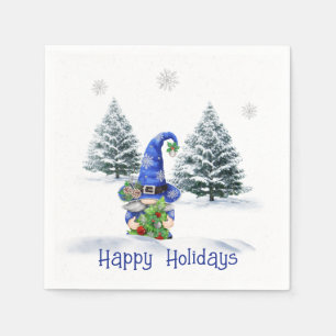 Blue Christmas Gnome with Tree  Napkin