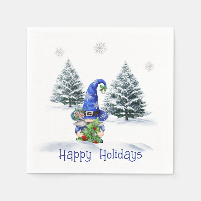 Blue Christmas Gnome with Tree  Napkin (Front)