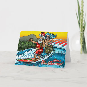 Blue Christmas Hawaiian Surfing Santa Illustration Holiday Card