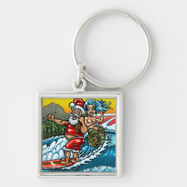 Blue Christmas Hawaiian Surfing Santa Illustration Key Ring (Front)