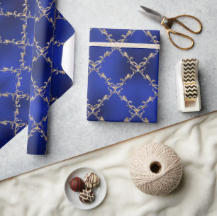 Blue Christmas Holiday Gold Glitter Damask Gift Wrapping Paper