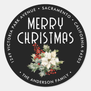 Blue Christmas Holly Berries Return Address Classic Round Sticker