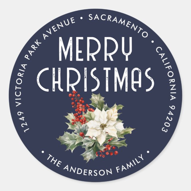 Blue Christmas Holly Berries Return Address Classic Round Sticker (Front)