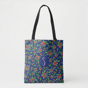 Blue Christmas holly leaves custom monogram  Tote Bag