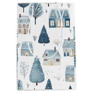 Blue Christmas House and Trees Medium Gift Bag