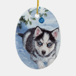 Blue Christmas Husky Dog Pup Xmas Ornament