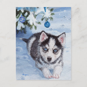 Blue Christmas husky dog pup Xmas postcard