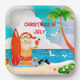 Blue Christmas In July  Santa Claus Summer Beach  Paper Plate