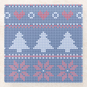 Blue Christmas knitting pattern Glass Coaster