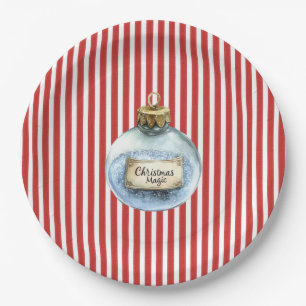 Blue Christmas Magic Ornament Red Stripes Paper Plate