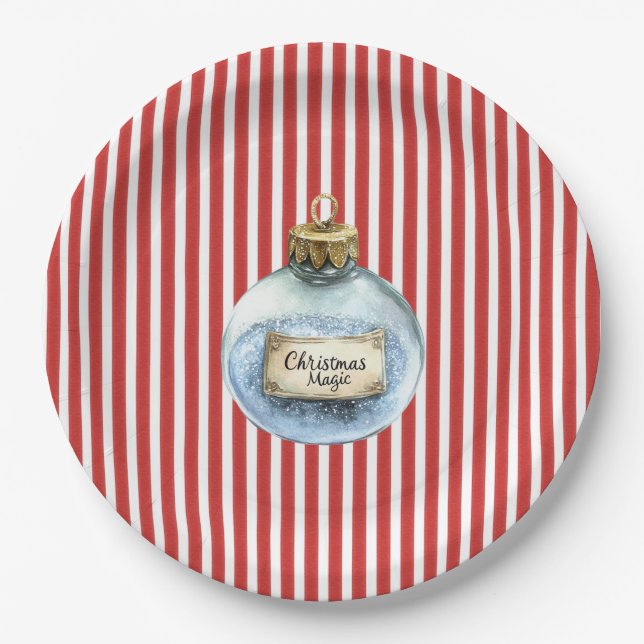 Blue Christmas Magic Ornament Red Stripes Paper Plate (Front)