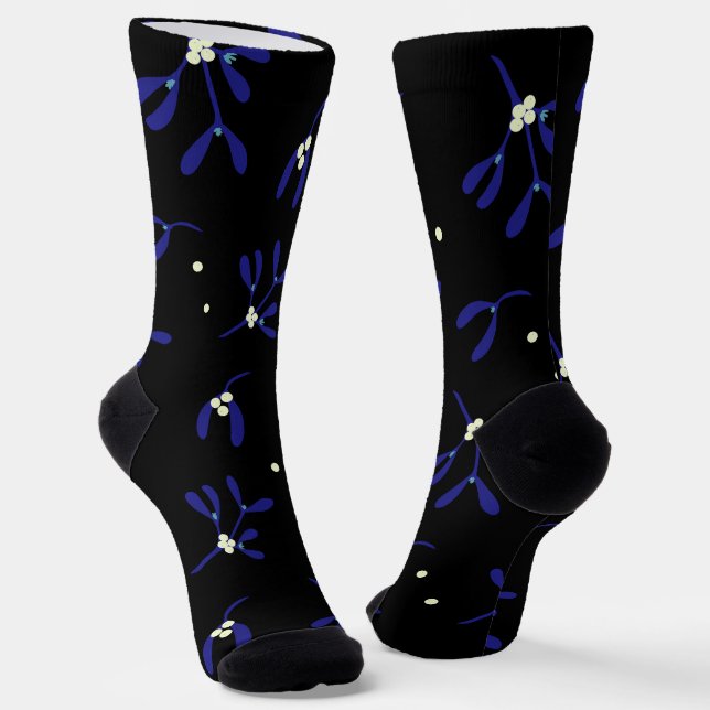 Blue Christmas Mistletoe With Berries Pattern Socks (Angled)