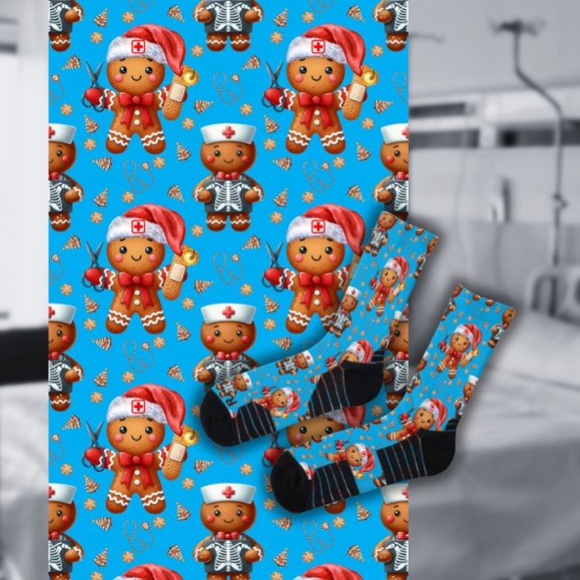 Blue Christmas Nurse Whimsical Gingerbread Man Socks (Creator Uploaded)