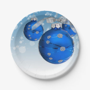 blue Christmas ornament and snowflakes Paper Plate