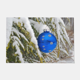Blue Christmas Ornament In Snowy Pine Doormat