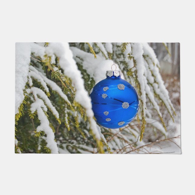 Blue Christmas Ornament In Snowy Pine Doormat (Front)